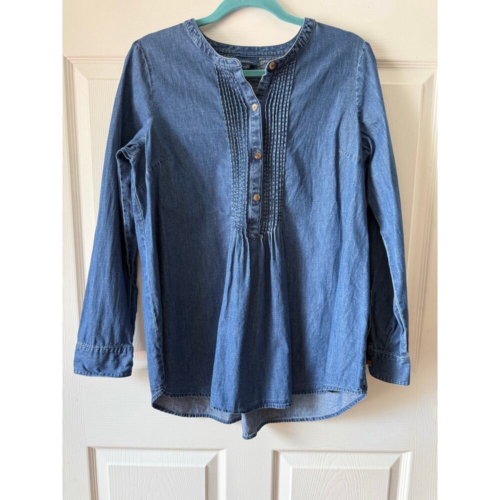 J. Jill Denim‎ Pintuck Henley Tunic Top High Low Chambray Blue Size M Coastal